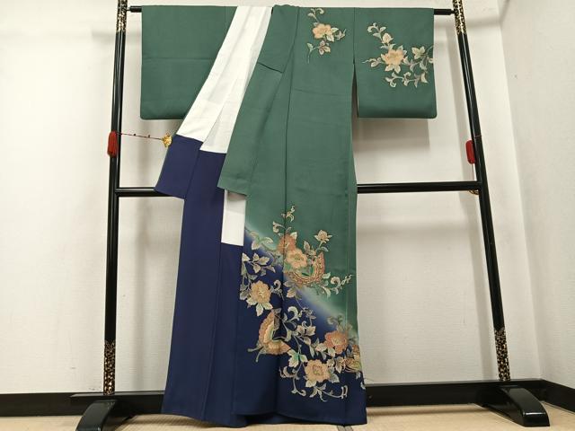 平和屋着物●訪問着　刺繍　花蝶文　暈し染め　金彩　正絹　逸品　AABJ8433ph