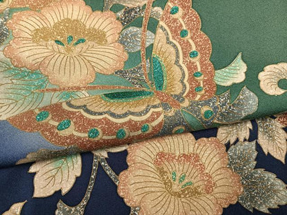 平和屋着物●訪問着　刺繍　花蝶文　暈し染め　金彩　正絹　逸品　AABJ8433ph