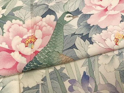 平和屋着物●豪華振袖　手描き　孔雀花鳥文　正絹　逸品　AABJ8442ph
