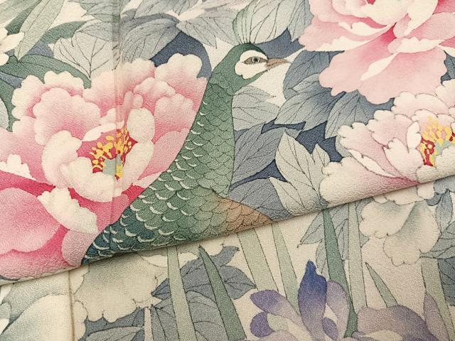平和屋着物●豪華振袖　手描き　孔雀花鳥文　正絹　逸品　AABJ8442ph