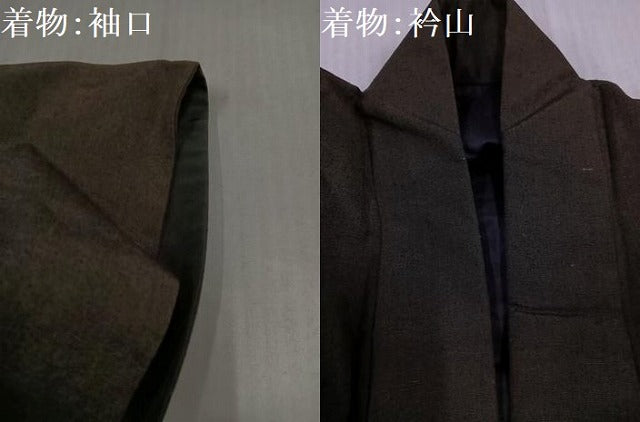 平和屋着物●男性　紬　アンサンブル　色無地　海松茶色　正絹　逸品　AABJ8444ph