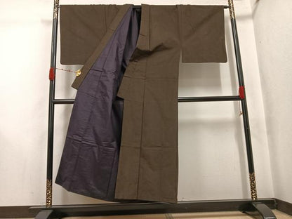 平和屋着物●男性　紬　アンサンブル　色無地　海松茶色　正絹　逸品　AABJ8444ph