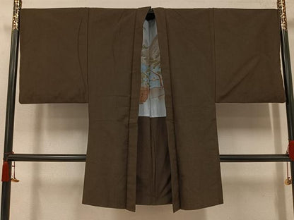 平和屋着物●男性　紬　アンサンブル　色無地　海松茶色　正絹　逸品　AABJ8444ph