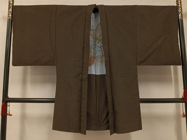 平和屋着物●男性　紬　アンサンブル　色無地　海松茶色　正絹　逸品　AABJ8444ph