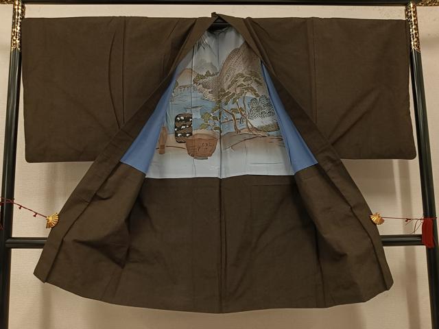 平和屋着物●男性　紬　アンサンブル　色無地　海松茶色　正絹　逸品　AABJ8444ph