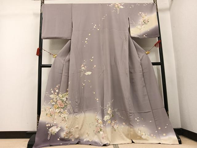 平和屋着物●訪問着　駒刺繍　地紙草花文　暈し染め　金彩　ロング丈　正絹　逸品　AABJ8447ph