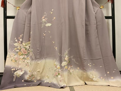 平和屋着物●訪問着　駒刺繍　地紙草花文　暈し染め　金彩　ロング丈　正絹　逸品　AABJ8447ph