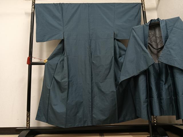 平和屋着物●男性　紬　アンサンブル　格子　正絹　逸品　AABJ8449ph