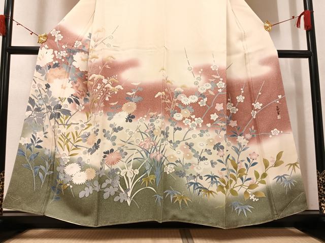 平和屋着物●京友禅作家　山科春宣　訪問着　草花文　暈し染め　丹後ちりめん　反端付き　正絹　逸品　未使用　AABJ8450ph