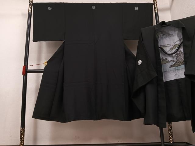 平和屋着物●男性　黒紋付　羽織セット　正絹　逸品　AABJ8454ph
