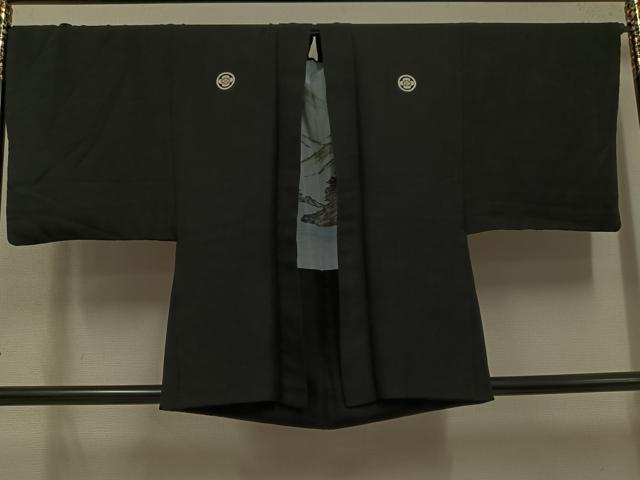 平和屋着物●男性　黒紋付　羽織セット　正絹　逸品　AABJ8454ph