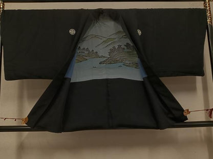 平和屋着物●男性　黒紋付　羽織セット　正絹　逸品　AABJ8454ph