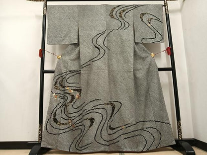 平和屋着物●訪問着　駒刺繍　絞り　流水草花文　黒地　金彩　正絹　逸品　未使用　AABJ8456ph