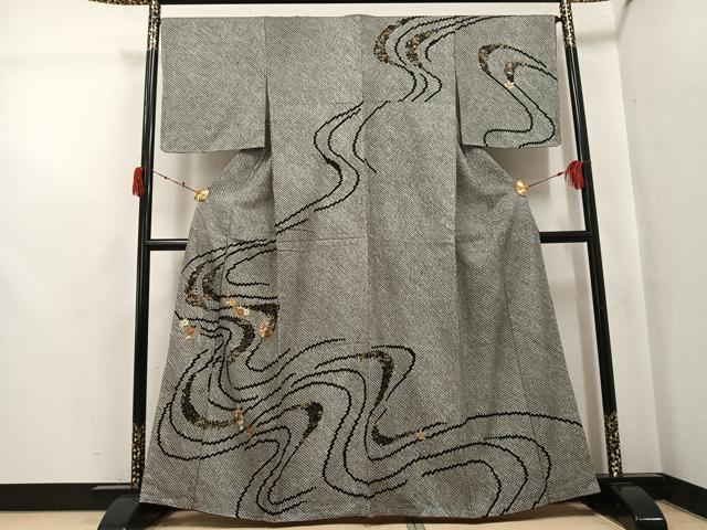平和屋着物●訪問着　駒刺繍　絞り　流水草花文　黒地　金彩　正絹　逸品　未使用　AABJ8456ph