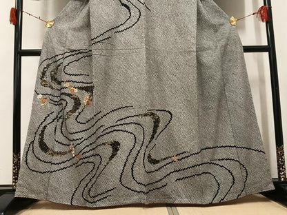 平和屋着物●訪問着　駒刺繍　絞り　流水草花文　黒地　金彩　正絹　逸品　未使用　AABJ8456ph