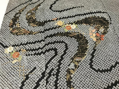 平和屋着物●訪問着　駒刺繍　絞り　流水草花文　黒地　金彩　正絹　逸品　未使用　AABJ8456ph