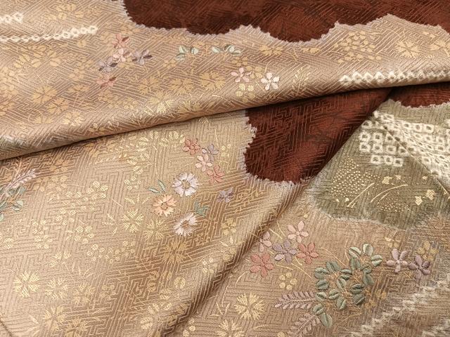平和屋着物●訪問着　絞り　刺繍　草花文　金彩　正絹　逸品　AABJ8458ph