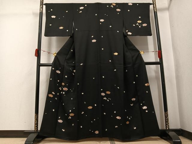 平和屋着物●訪問着　地紙草花文　黒地　金彩　正絹　逸品　AABJ8460ph