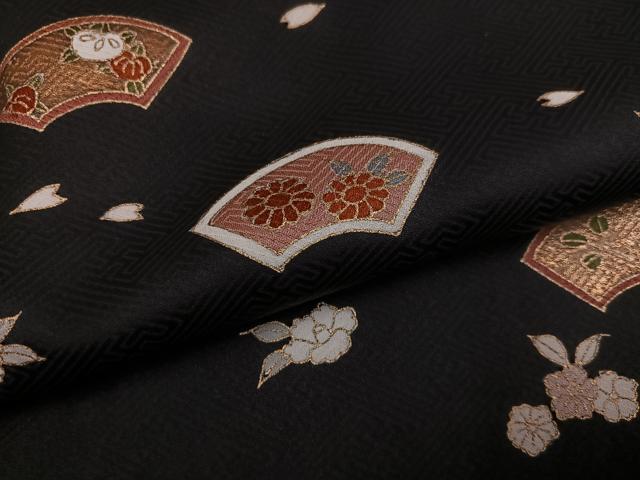 平和屋着物●訪問着　地紙草花文　黒地　金彩　正絹　逸品　AABJ8460ph