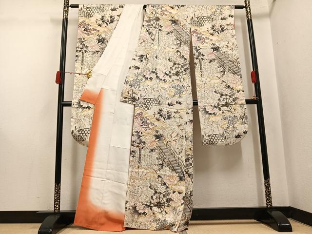 平和屋着物●豪華振袖　駒刺繍　渡橋草花文　金彩　正絹　逸品　AABJ8461ph