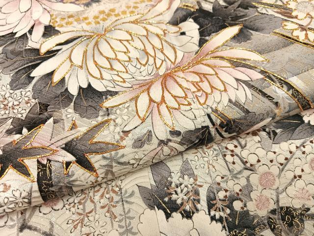 平和屋着物●豪華振袖　駒刺繍　渡橋草花文　金彩　正絹　逸品　AABJ8461ph