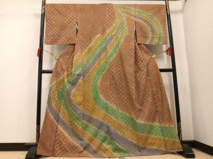 平和屋着物●訪問着　紬地　雲絞り　流水文　正絹　逸品　AABJ8468ph