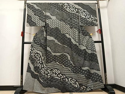 平和屋着物●訪問着　総絞り　吉祥文　黒地　正絹　逸品　AABJ8472ph
