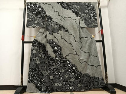 平和屋着物●訪問着　総絞り　雲重ね花文　黒地　正絹　逸品　AABJ8475ph