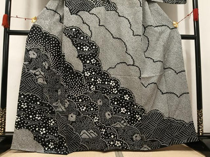 平和屋着物●訪問着　総絞り　雲重ね花文　黒地　正絹　逸品　AABJ8475ph