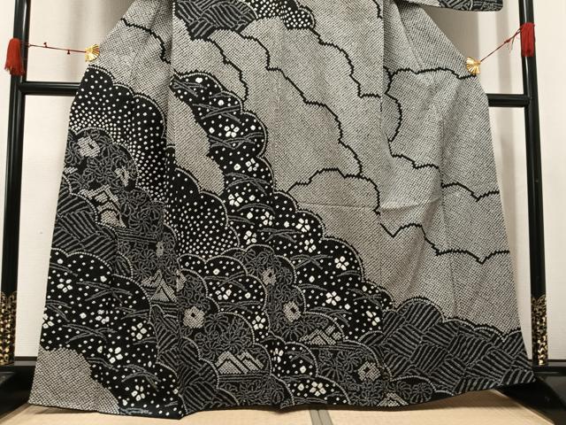 平和屋着物●訪問着　総絞り　雲重ね花文　黒地　正絹　逸品　AABJ8475ph