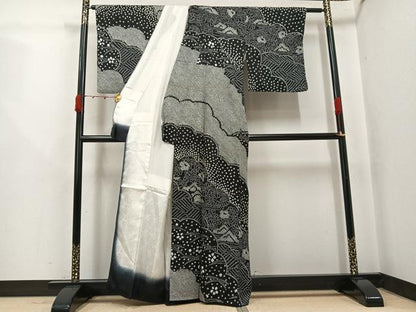 平和屋着物●訪問着　総絞り　雲重ね花文　黒地　正絹　逸品　AABJ8475ph