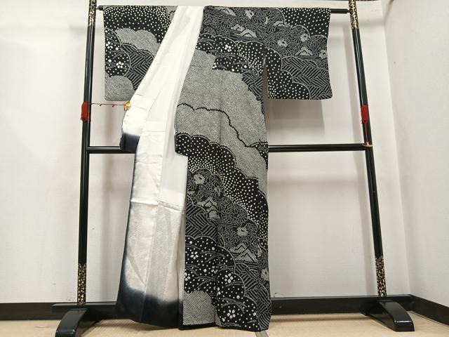 平和屋着物●訪問着　総絞り　雲重ね花文　黒地　正絹　逸品　AABJ8475ph