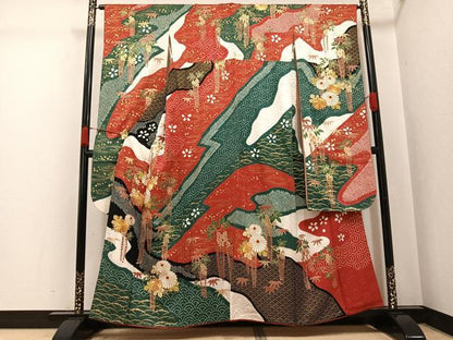 平和屋着物●豪華振袖　駒刺繍　絞り　草花文　金彩　正絹　逸品　AABJ8485ph