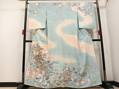 平和屋着物●訪問着　刺繍　跳び兎　貝桶花鳥文　暈し染め　金彩　正絹　逸品　AABJ8486ph