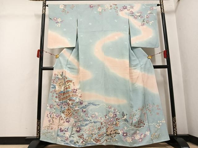平和屋着物●訪問着　刺繍　跳び兎　貝桶花鳥文　暈し染め　金彩　正絹　逸品　AABJ8486ph