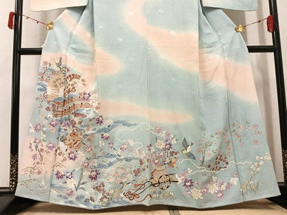 平和屋着物●訪問着　刺繍　跳び兎　貝桶花鳥文　暈し染め　金彩　正絹　逸品　AABJ8486ph