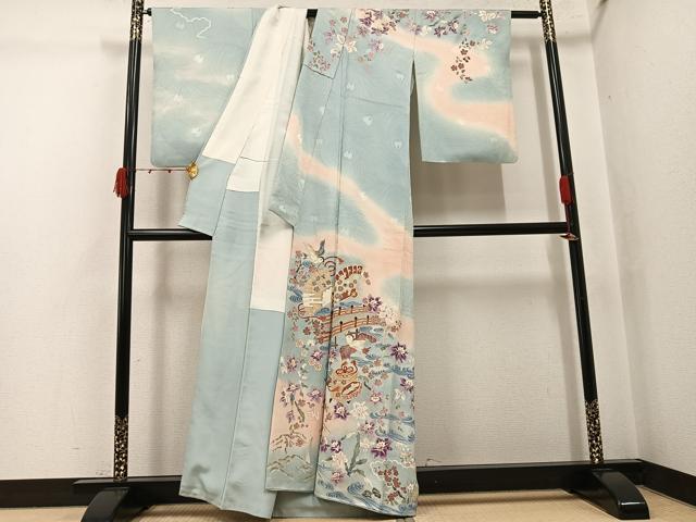 平和屋着物●訪問着　刺繍　跳び兎　貝桶花鳥文　暈し染め　金彩　正絹　逸品　AABJ8486ph