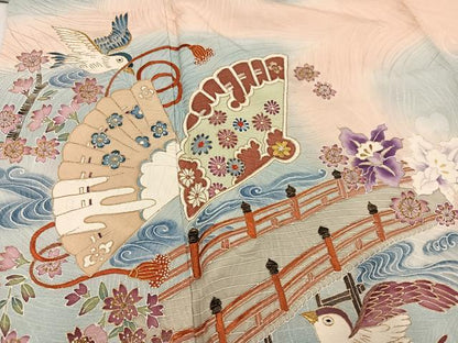 平和屋着物●訪問着　刺繍　跳び兎　貝桶花鳥文　暈し染め　金彩　正絹　逸品　AABJ8486ph