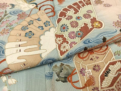 平和屋着物●訪問着　刺繍　跳び兎　貝桶花鳥文　暈し染め　金彩　正絹　逸品　AABJ8486ph