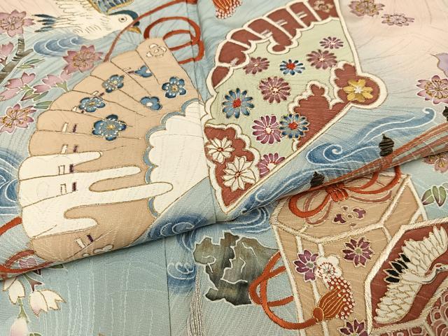 平和屋着物●訪問着　刺繍　跳び兎　貝桶花鳥文　暈し染め　金彩　正絹　逸品　AABJ8486ph