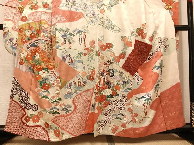 平和屋着物●豪華振袖　駒刺繍　絞り　檜扇御所車草花文　金彩　正絹　逸品　AABJ8487ph