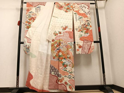 平和屋着物●豪華振袖　駒刺繍　絞り　檜扇御所車草花文　金彩　正絹　逸品　AABJ8487ph
