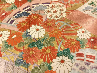 平和屋着物●豪華振袖　駒刺繍　絞り　檜扇御所車草花文　金彩　正絹　逸品　AABJ8487ph