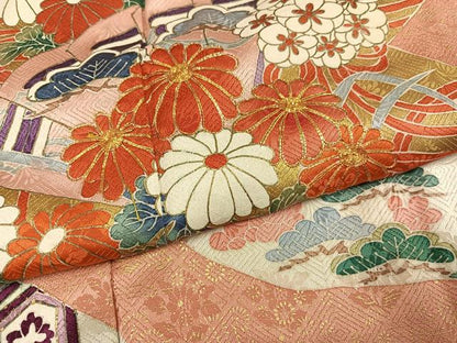 平和屋着物●豪華振袖　駒刺繍　絞り　檜扇御所車草花文　金彩　正絹　逸品　AABJ8487ph