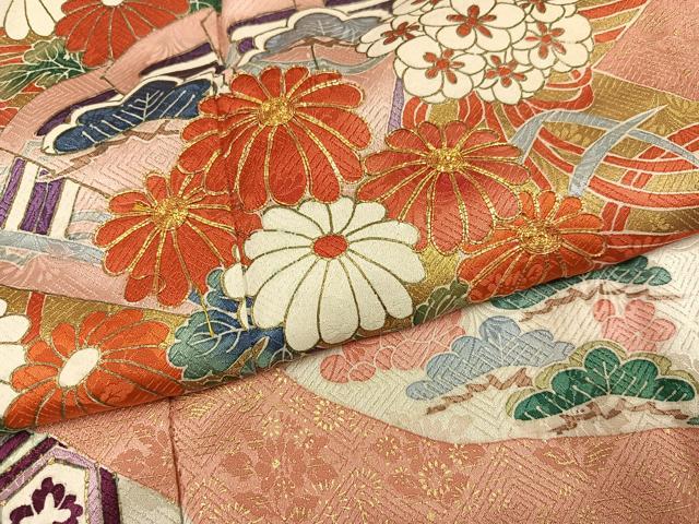 平和屋着物●豪華振袖　駒刺繍　絞り　檜扇御所車草花文　金彩　正絹　逸品　AABJ8487ph