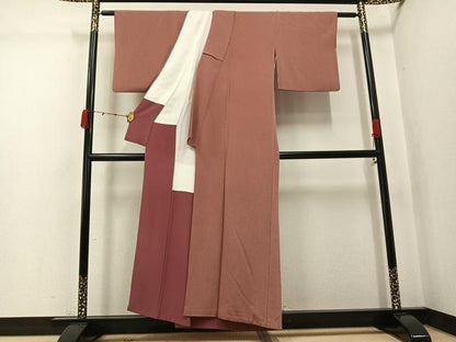 平和屋着物●江戸小紋　作家物　万筋　紅鳶色×水柿色　鬼しぼ縮緬　正絹　逸品　AABJ8499ph