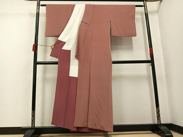 平和屋着物●江戸小紋　作家物　万筋　紅鳶色×水柿色　鬼しぼ縮緬　正絹　逸品　AABJ8499ph
