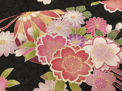 平和屋着物●豪華振袖　花毬文　暈し染め　黒地　金彩　金通し地　正絹　逸品　AABJ8513ph