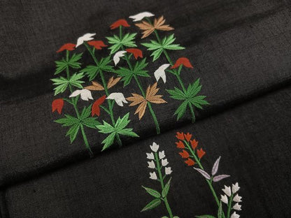 平和屋着物●訪問着　紬地　総刺繍　草花文　黒地　正絹　逸品　AABJ8517ph