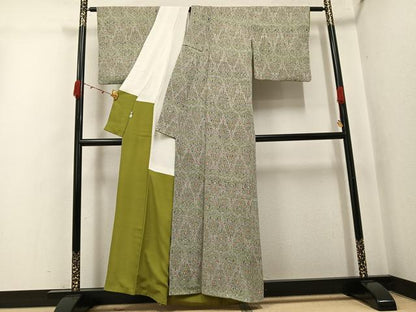 平和屋着物●上質な小紋　草花文　鬼しぼ縮緬　鈴乃屋扱い　正絹　逸品　AABJ8523ph